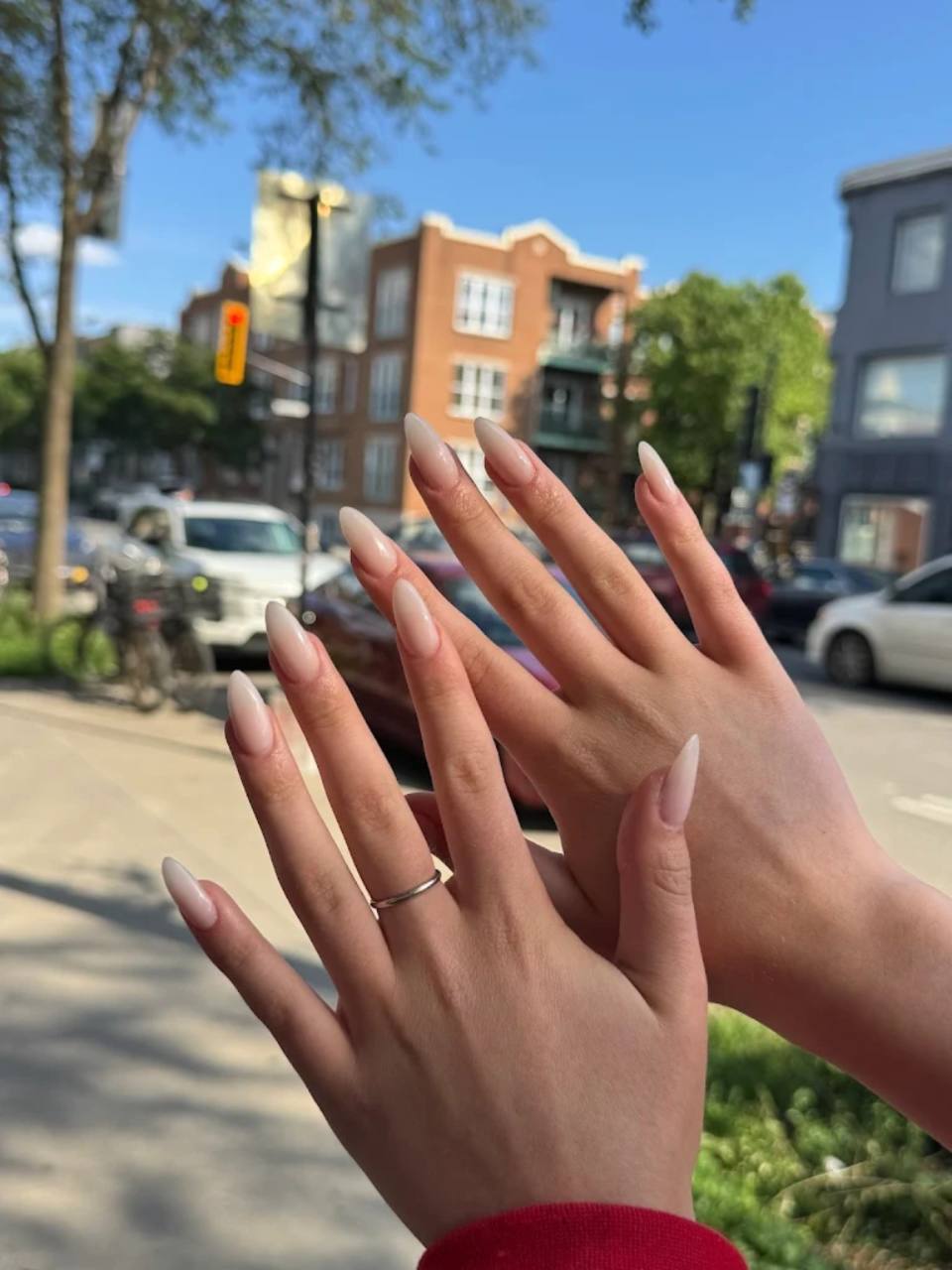 Soft nude almond manicure.